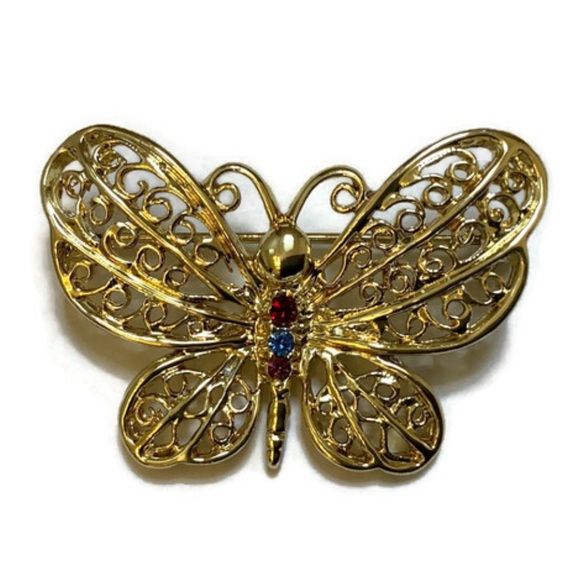 Danecraft Jeweled Gold Toned Butterfly Brooch - Picture 2 of 8